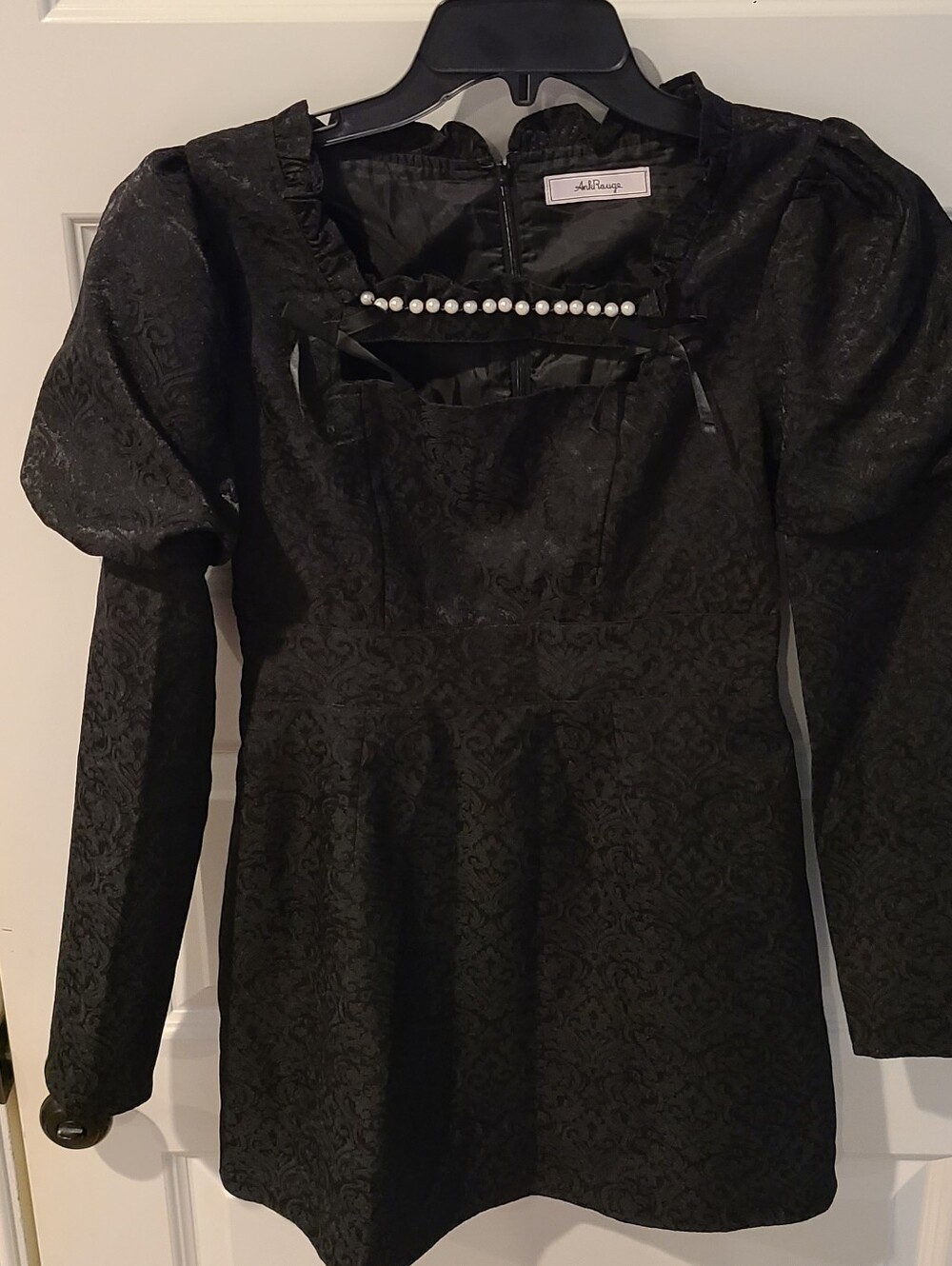 Black Pearl-Trim Puff Sleeve Mini Dress